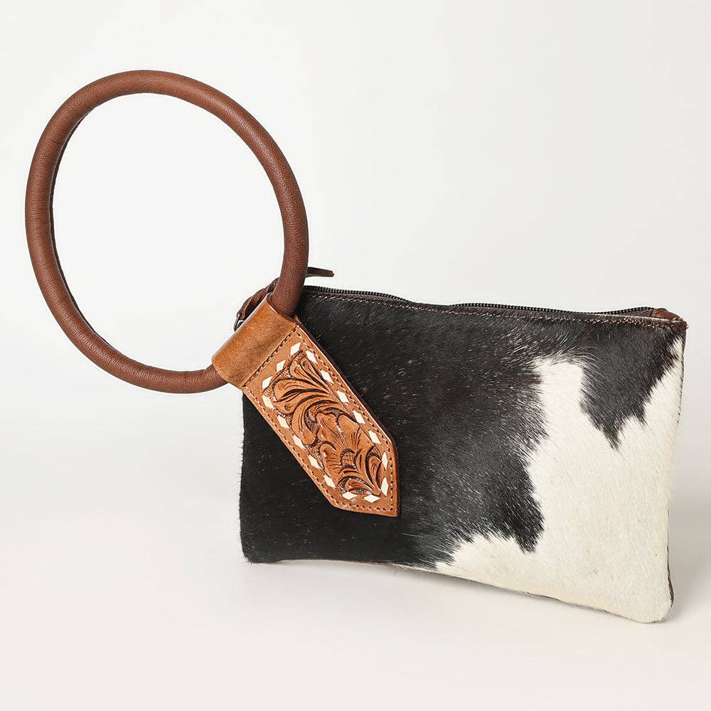 ADBGZ335 Black & White Cowhide Wristlet - Hair-On Hide Clutch with Tooled Leather Detail: ADBGZ335A