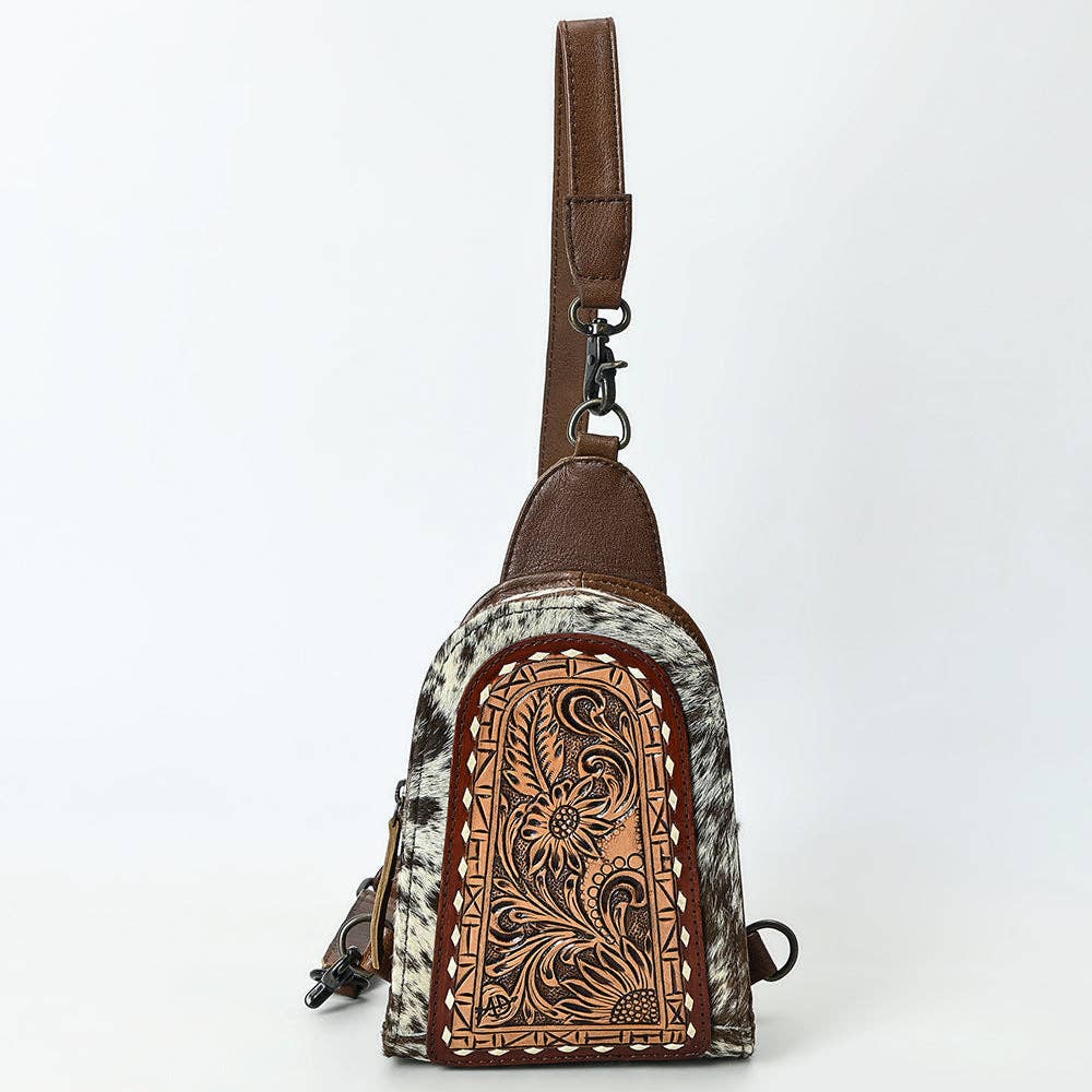 ADBG1543 American Darling Handcrafted Western Leather Sling Bag with Hair-On Cowhide & Hand-Tooled Details: ADBG1543C