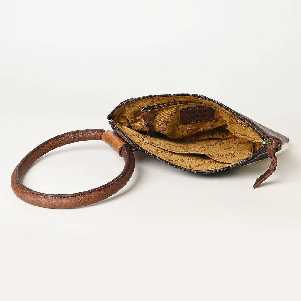 ADBGZ335 Black & White Cowhide Wristlet - Hair-On Hide Clutch with Tooled Leather Detail: ADBGZ335A