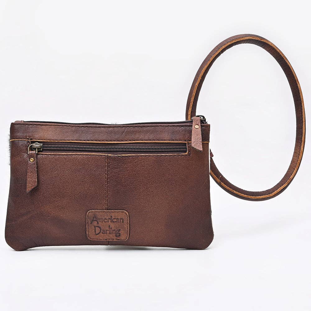 ADBG1841 American Darling Western Wristlet Bag with Hair-On Cowhide and Hand-Tooled Floral Detail: ADBG1841