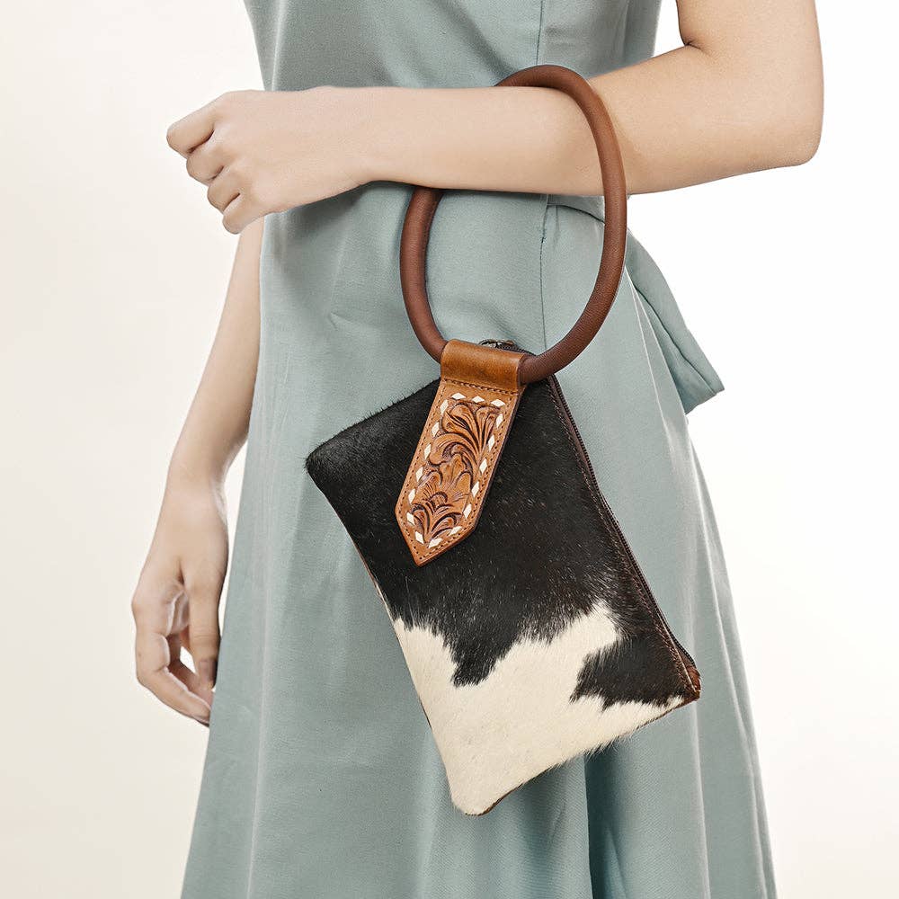 ADBGZ335 Black & White Cowhide Wristlet - Hair-On Hide Clutch with Tooled Leather Detail: ADBGZ335A