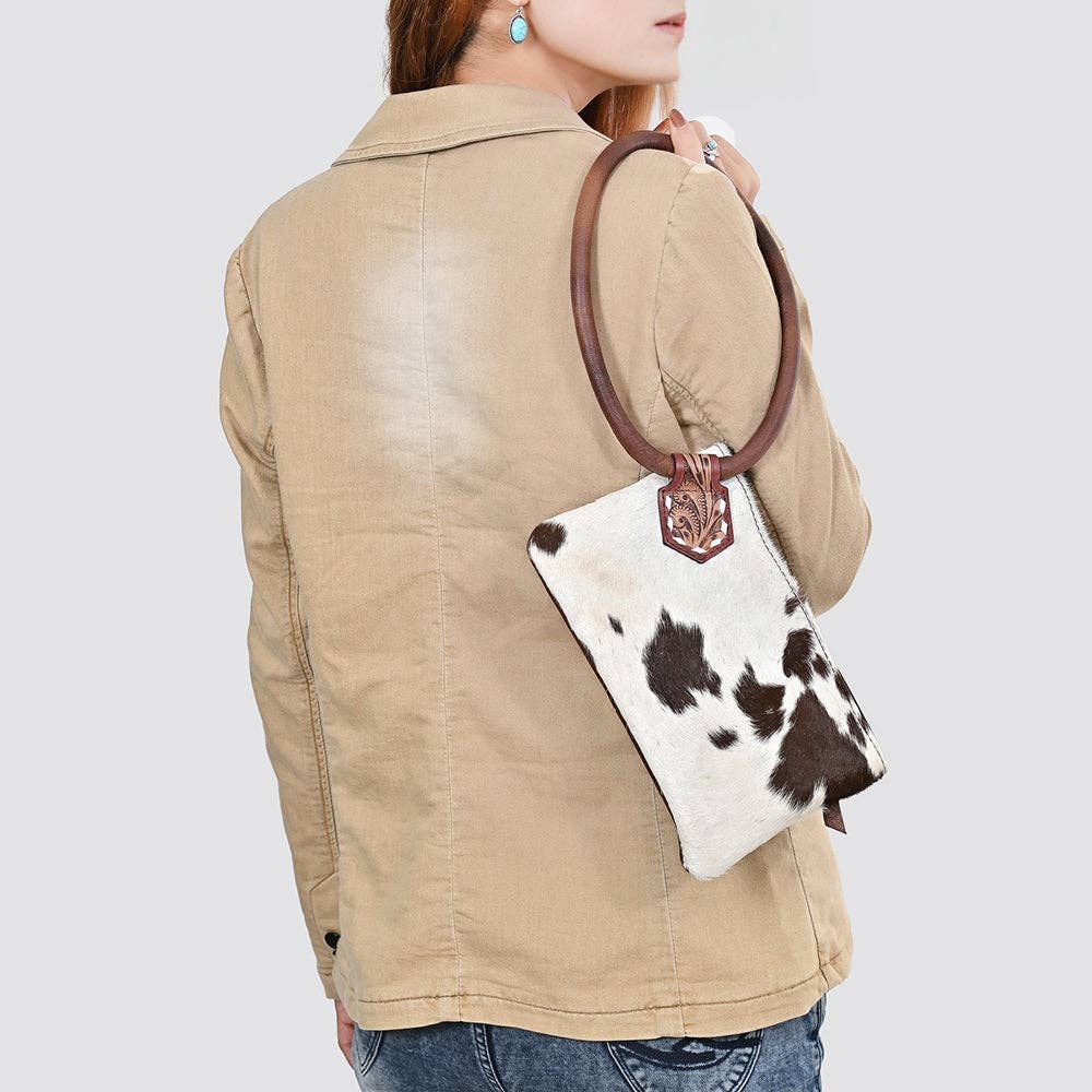ADBG1841 American Darling Western Wristlet Bag with Hair-On Cowhide and Hand-Tooled Floral Detail: ADBG1841
