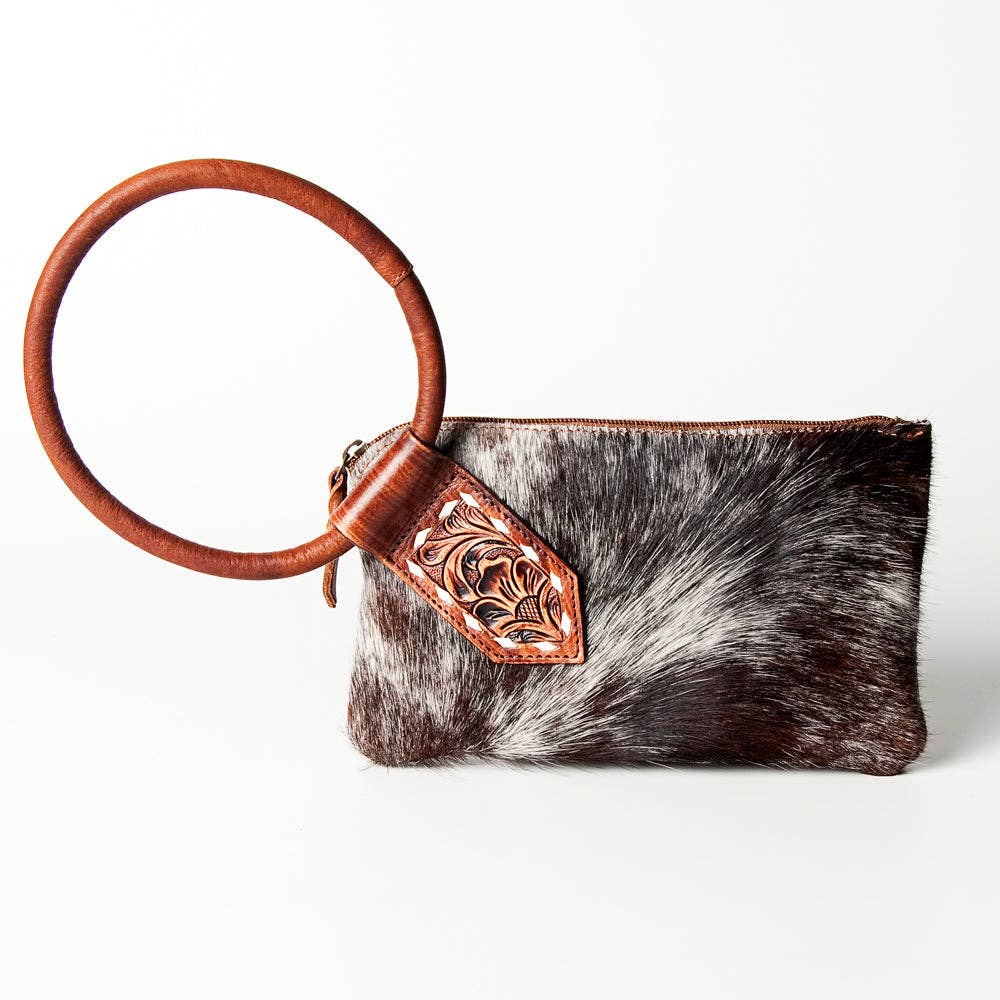 ADBGZ335 Black & White Cowhide Wristlet - Hair-On Hide Clutch with Tooled Leather Detail: ADBGZ335A