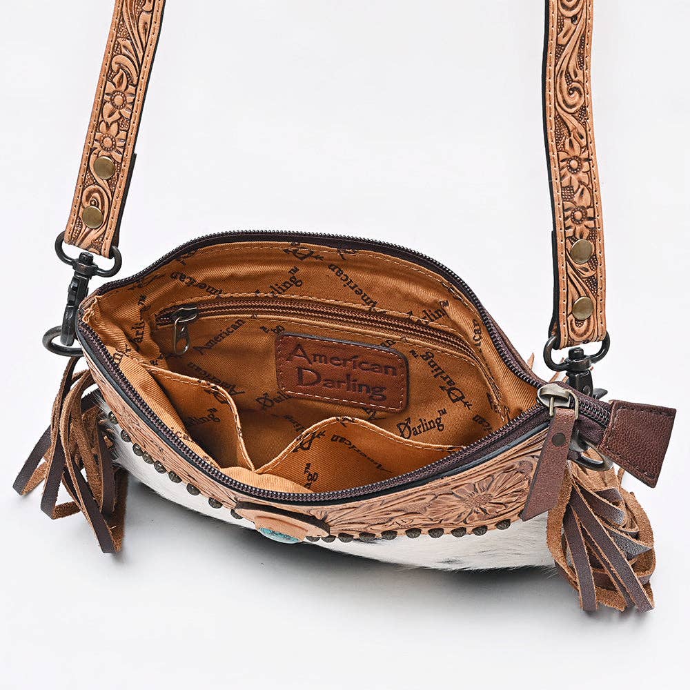 ADBG1829 American Darling Hand Tooled Floral & Cowhide Cross body Bag with Western Fringes: ADBG1829