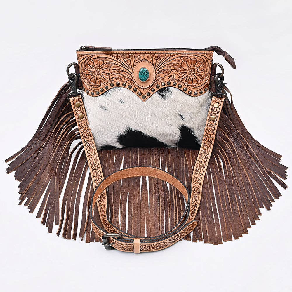 ADBG1829 American Darling Hand Tooled Floral & Cowhide Cross body Bag with Western Fringes: ADBG1829