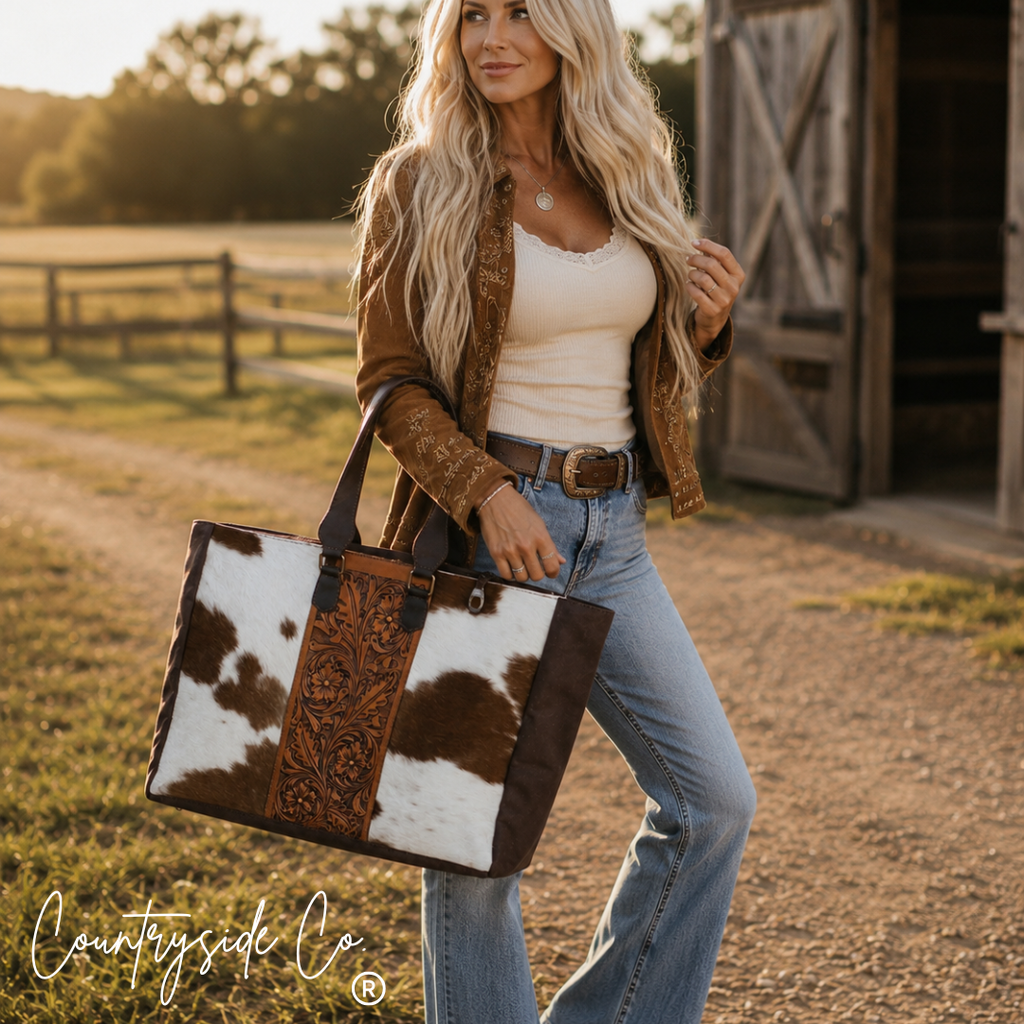 Open Range Tooled Leather and Cowhide Weekender