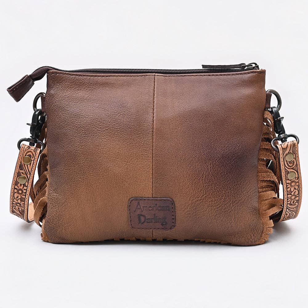 ADBG1829 American Darling Hand Tooled Floral & Cowhide Cross body Bag with Western Fringes: ADBG1829
