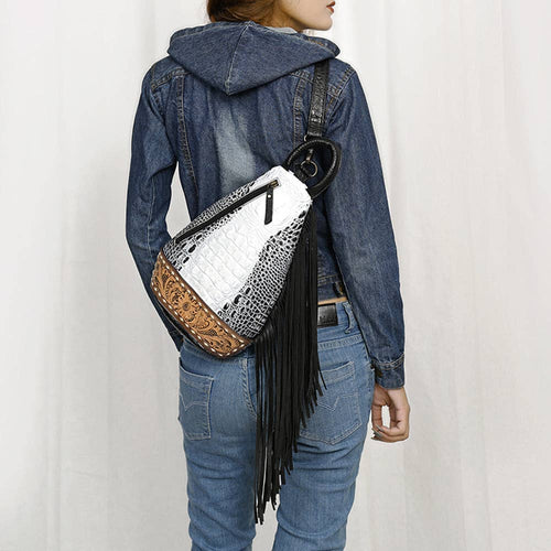 ADBG1482 American Darling Crocodile Embossed Sling Bag | Hand-Tooled Leather Fringe Bag: ADBG1482A