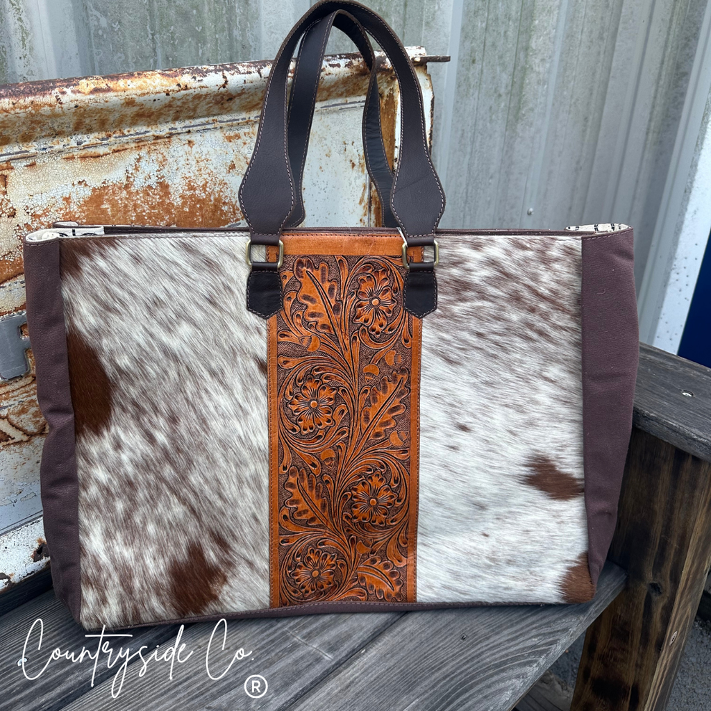 Open Range Tooled Leather and Cowhide Weekender