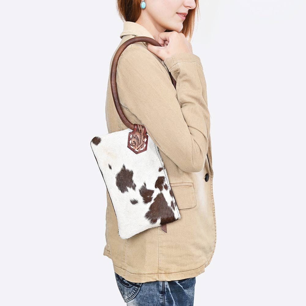 ADBG1841 American Darling Western Wristlet Bag with Hair-On Cowhide and Hand-Tooled Floral Detail: ADBG1841