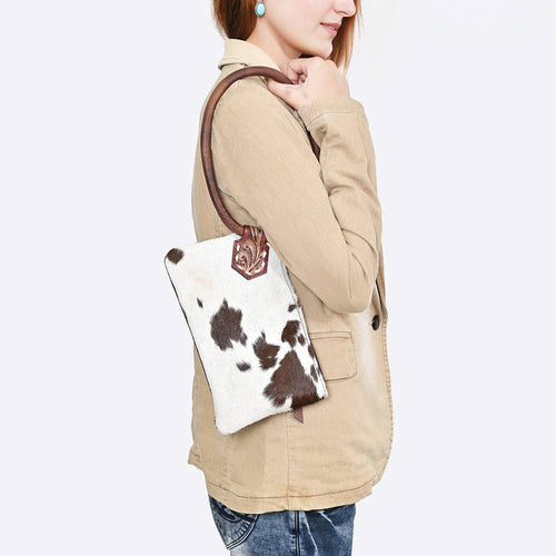 ADBG1841 American Darling Western Wristlet Bag with Hair-On Cowhide and Hand-Tooled Floral Detail: ADBG1841