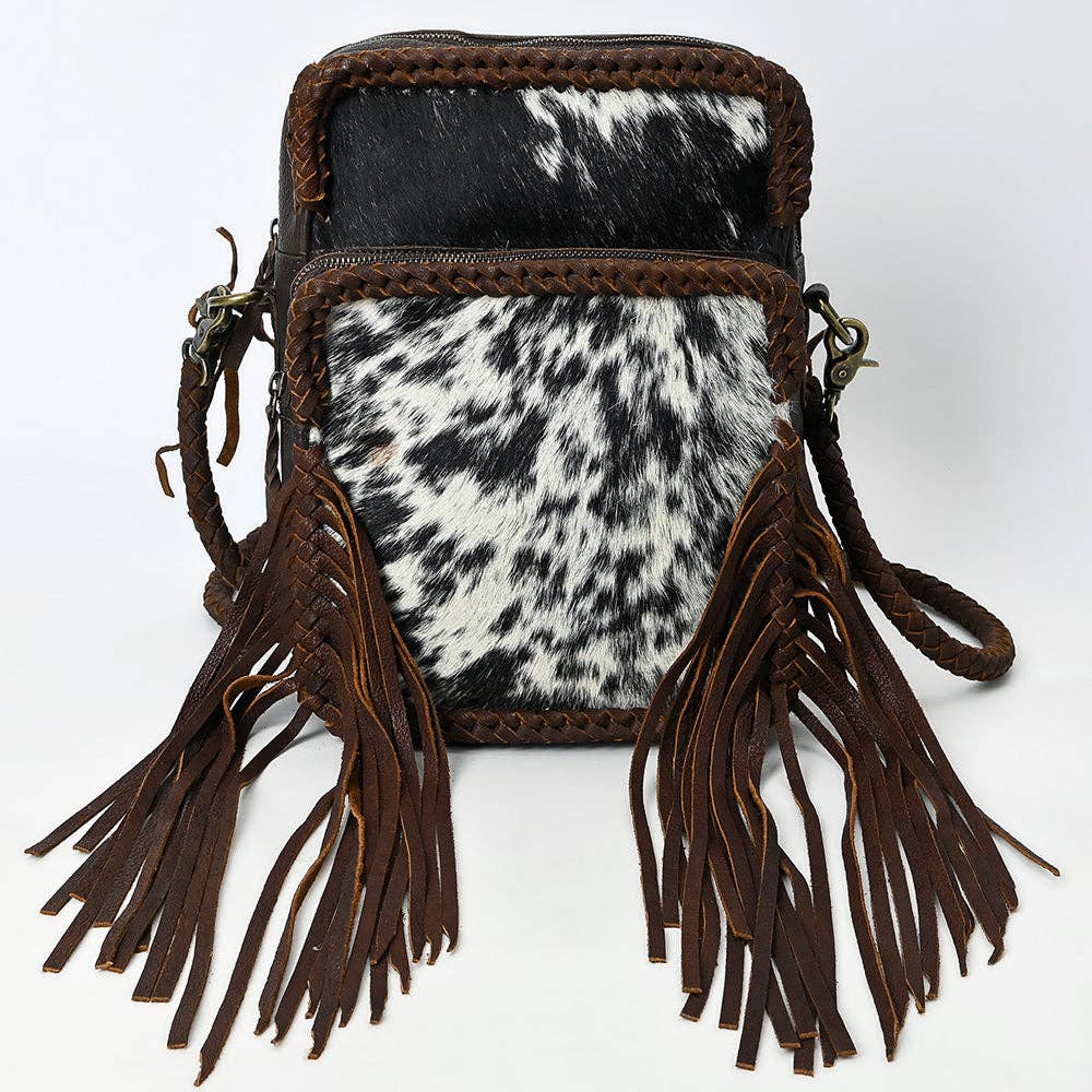 ADBGM354B Hair-On Cowhide Fringe Crossbody Bag - Dual Pocket Mini Western Leather Purse: ADBGM354B