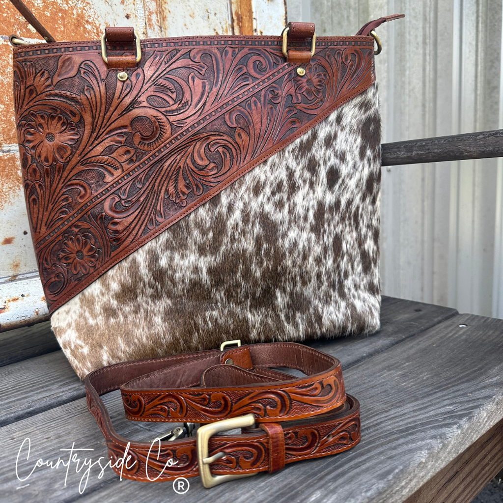 Ranch House Tooled Leather and Cowhide Purse