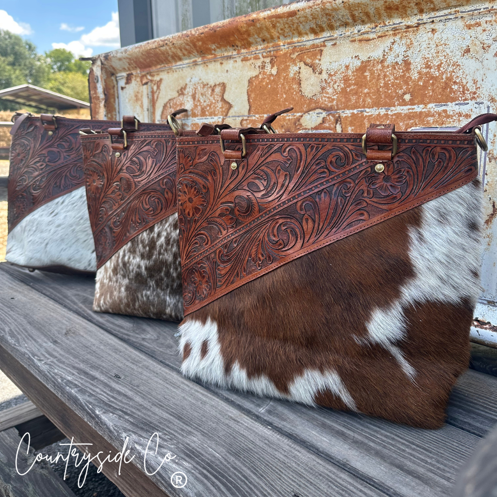 Ranch House Tooled Leather and Cowhide Purse