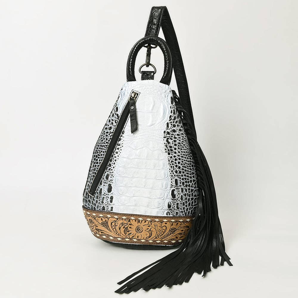 ADBG1482 American Darling Crocodile Embossed Sling Bag | Hand-Tooled Leather Fringe Bag: ADBG1482A