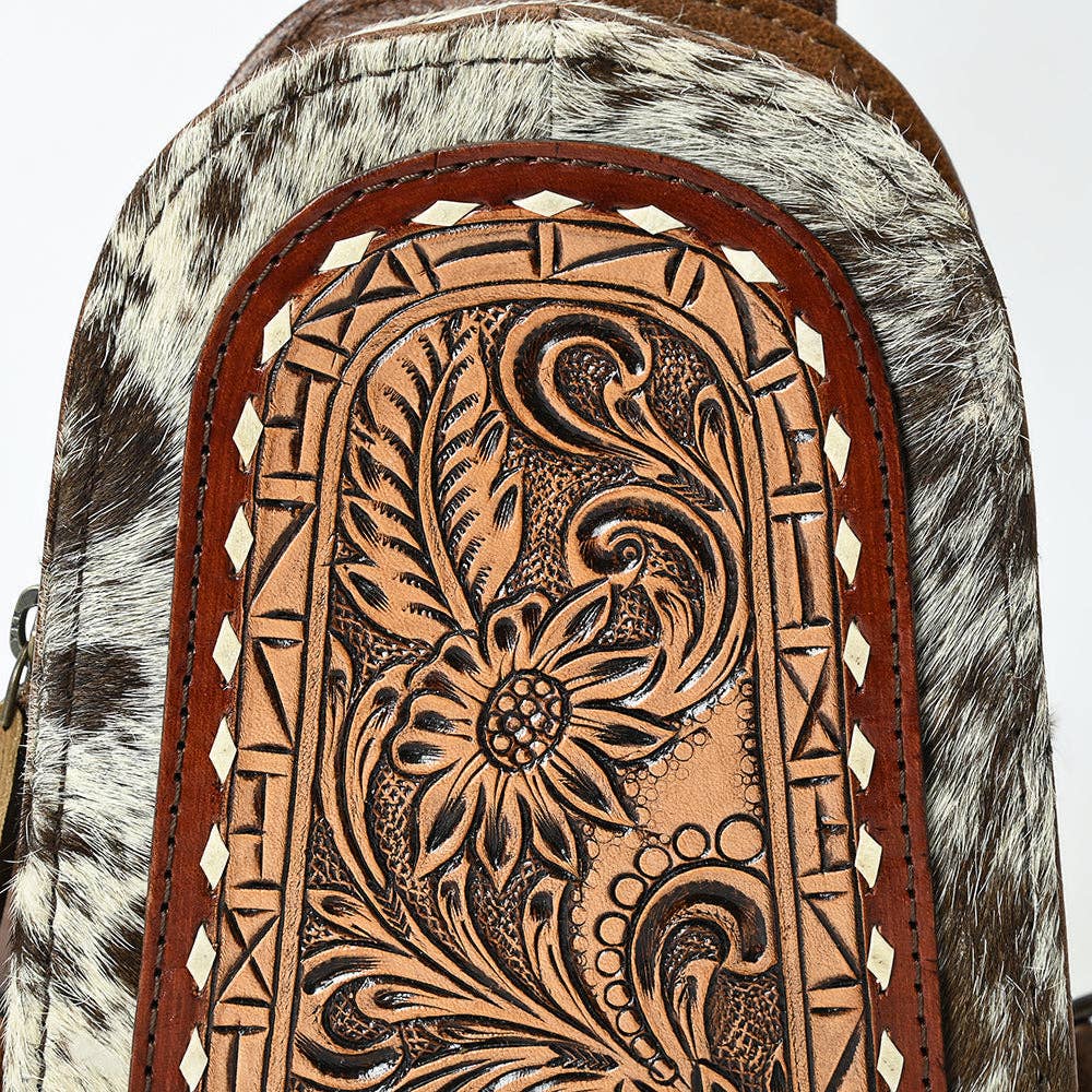 ADBG1543 American Darling Handcrafted Western Leather Sling Bag with Hair-On Cowhide & Hand-Tooled Details: ADBG1543C