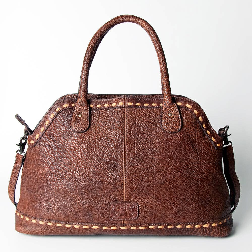 LC-ADBGZ478 Tooled Leather Western Tote Bag - Floral Carving with Turquoise Accent & Dual Handles: ADBGZ478