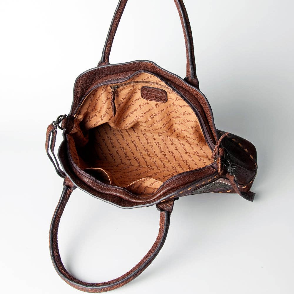 LC-ADBGZ478 Tooled Leather Western Tote Bag - Floral Carving with Turquoise Accent & Dual Handles: ADBGZ478