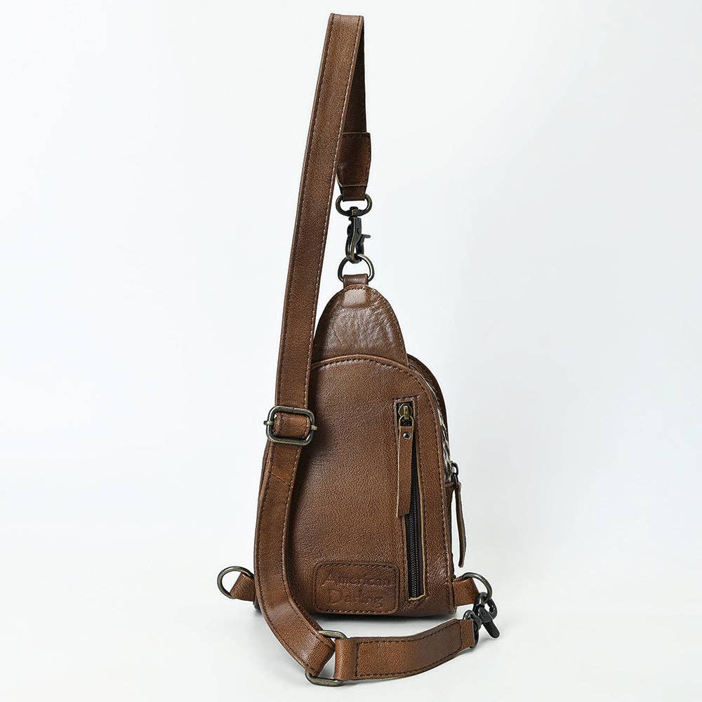 ADBG1543 American Darling Handcrafted Western Leather Sling Bag with Hair-On Cowhide & Hand-Tooled Details: ADBG1543C