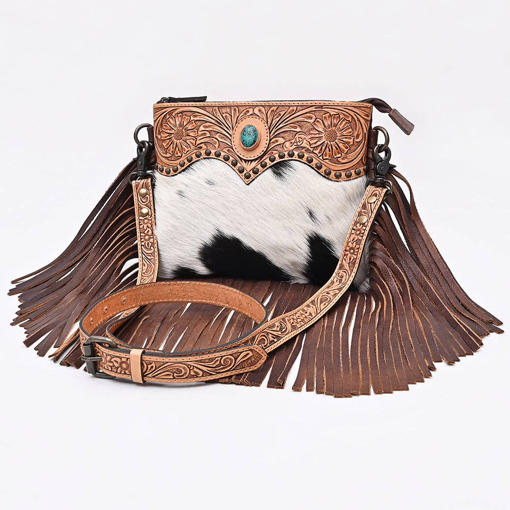 ADBG1829 American Darling Hand Tooled Floral & Cowhide Cross body Bag with Western Fringes: ADBG1829