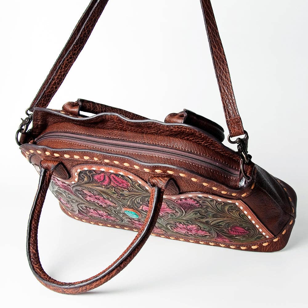 LC-ADBGZ478 Tooled Leather Western Tote Bag - Floral Carving with Turquoise Accent & Dual Handles: ADBGZ478
