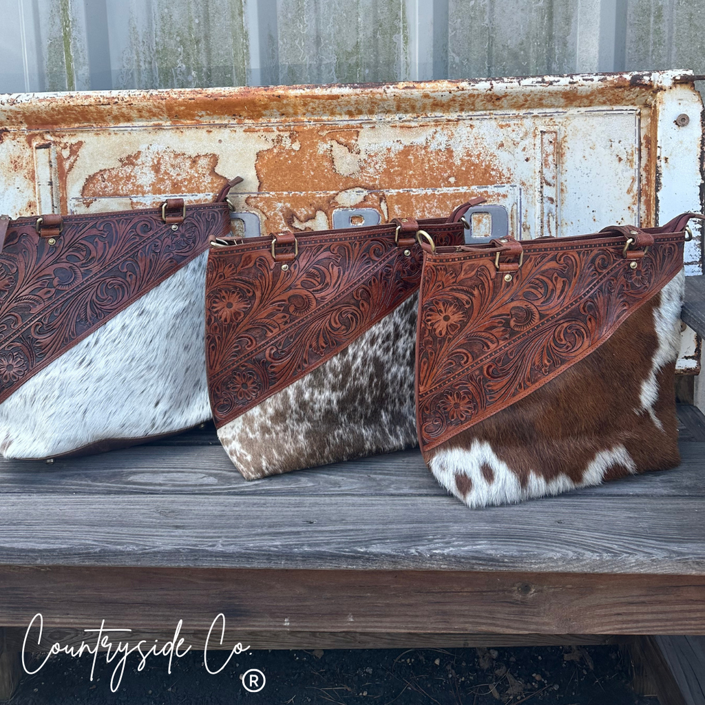 Ranch House Tooled Leather and Cowhide Purse