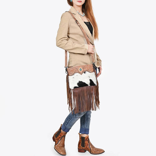 ADBG1829 American Darling Hand Tooled Floral & Cowhide Cross body Bag with Western Fringes: ADBG1829