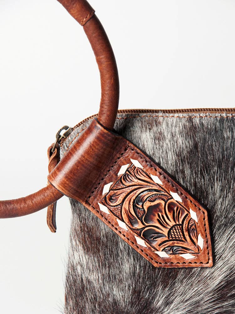 ADBGZ335 Black & White Cowhide Wristlet - Hair-On Hide Clutch with Tooled Leather Detail: ADBGZ335A