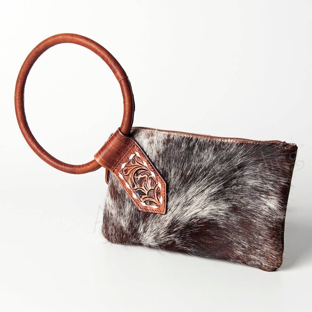 ADBGZ335 Black & White Cowhide Wristlet - Hair-On Hide Clutch with Tooled Leather Detail: ADBGZ335A