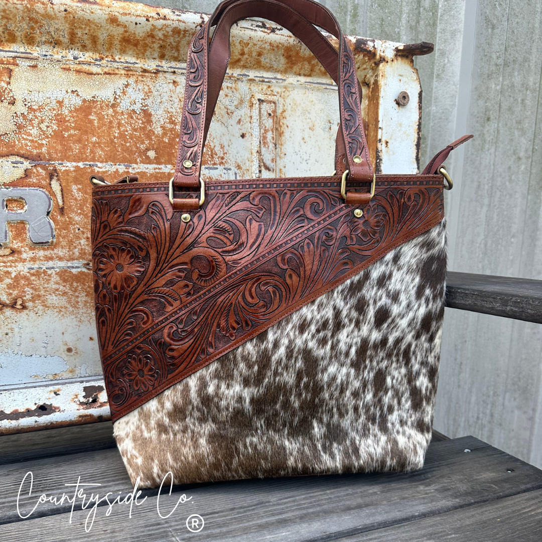 Ranch House Tooled Leather and Cowhide Purse