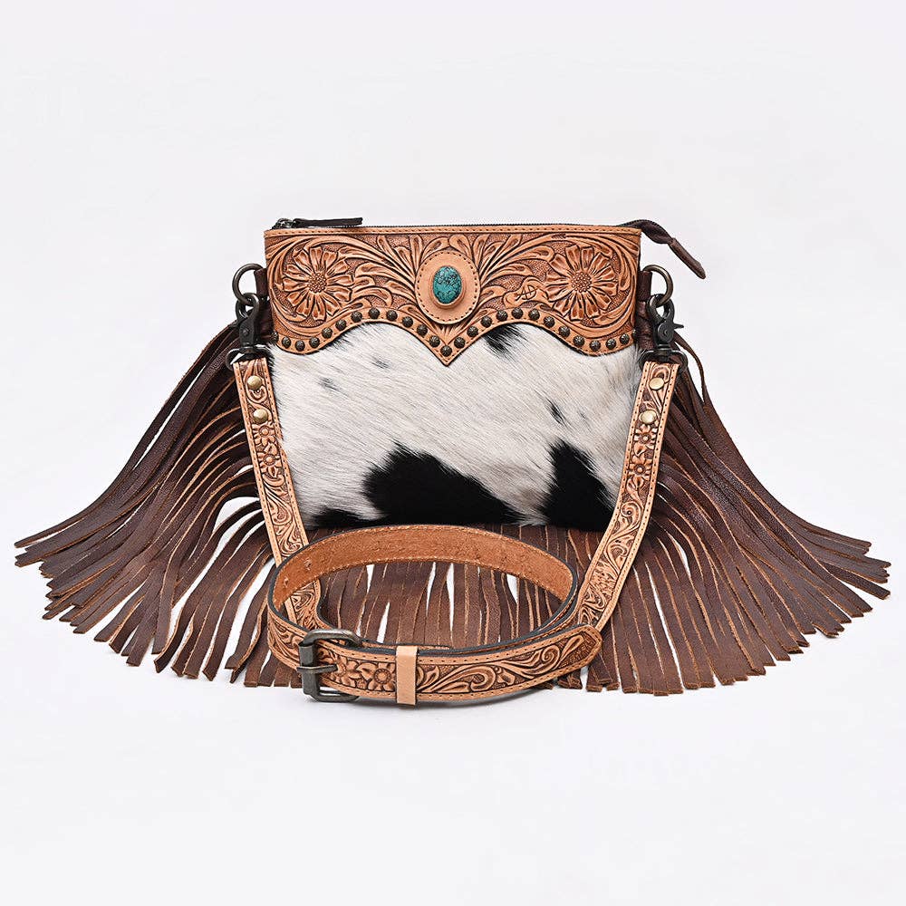 ADBG1829 American Darling Hand Tooled Floral & Cowhide Cross body Bag with Western Fringes: ADBG1829