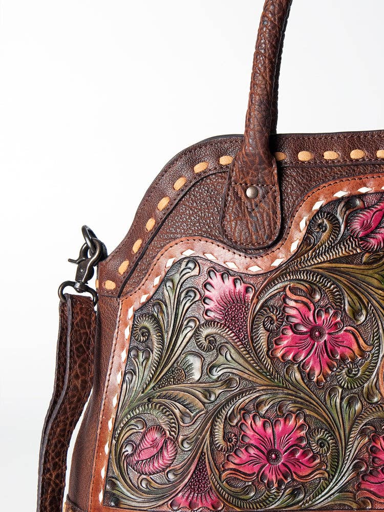 LC-ADBGZ478 Tooled Leather Western Tote Bag - Floral Carving with Turquoise Accent & Dual Handles: ADBGZ478