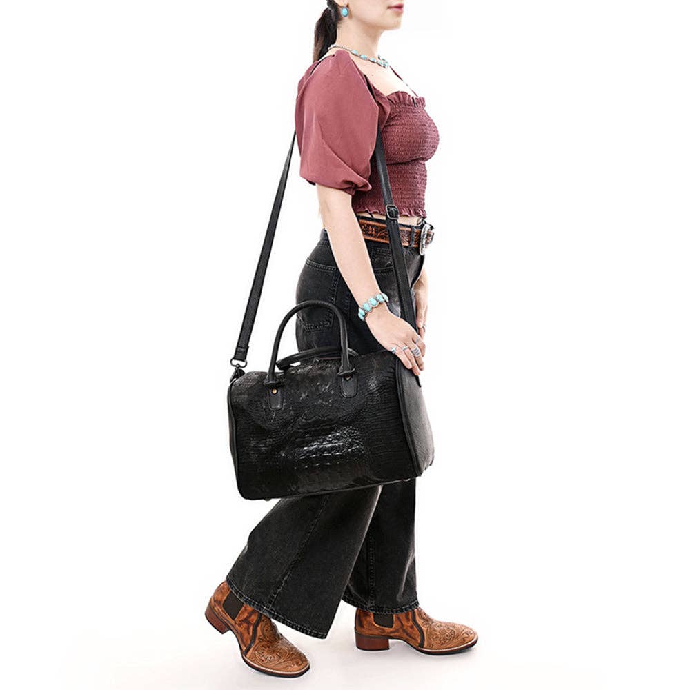 ADBG1562C American Darling Black Crocodile Embossed Western Leather Speedy Bag Genuine Vegetable Tanned Travel Bag: ADBG1562C