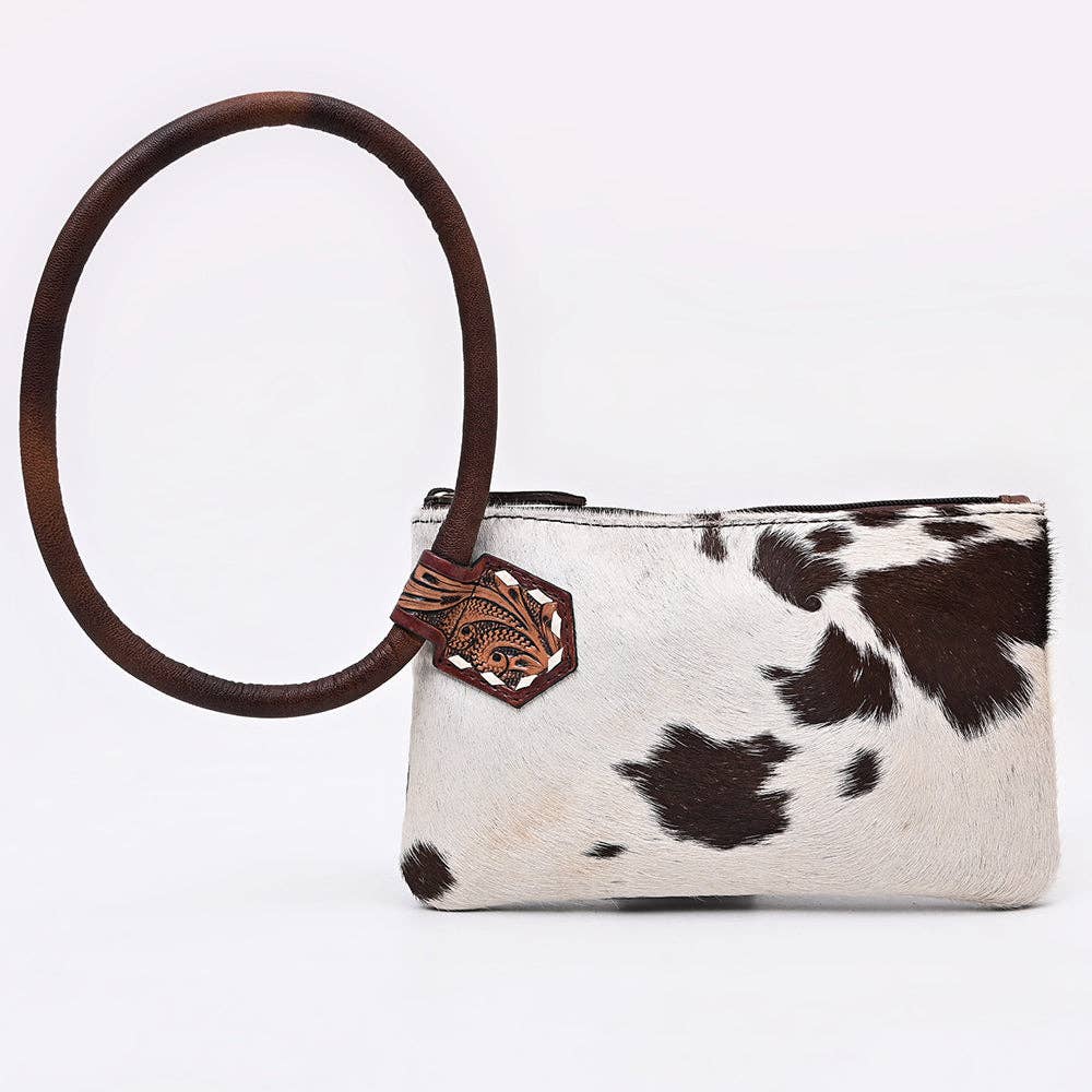 ADBG1841 American Darling Western Wristlet Bag with Hair-On Cowhide and Hand-Tooled Floral Detail: ADBG1841