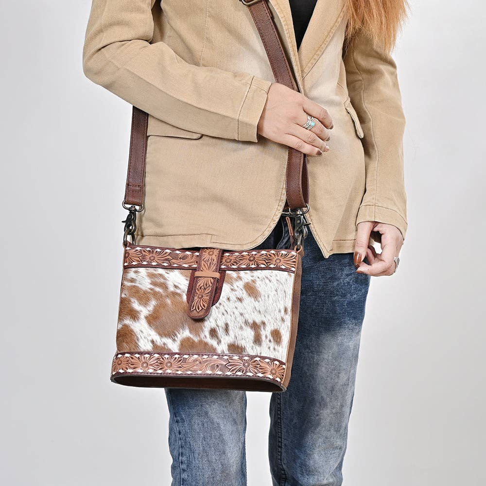 ADBG1833 American Darling Hand Tooled Floral & Cowhide Western Cross body Bag: ADBG1833