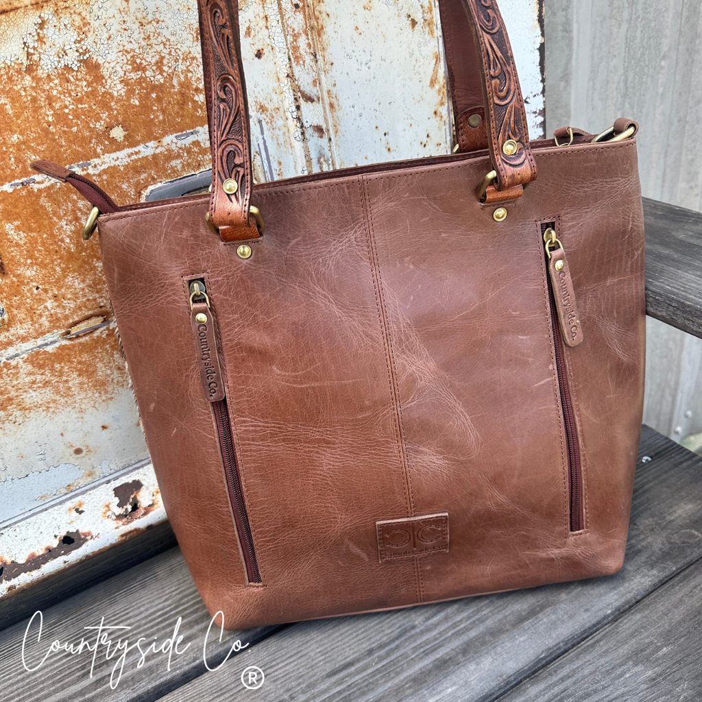 Ranch House Tooled Leather and Cowhide Purse
