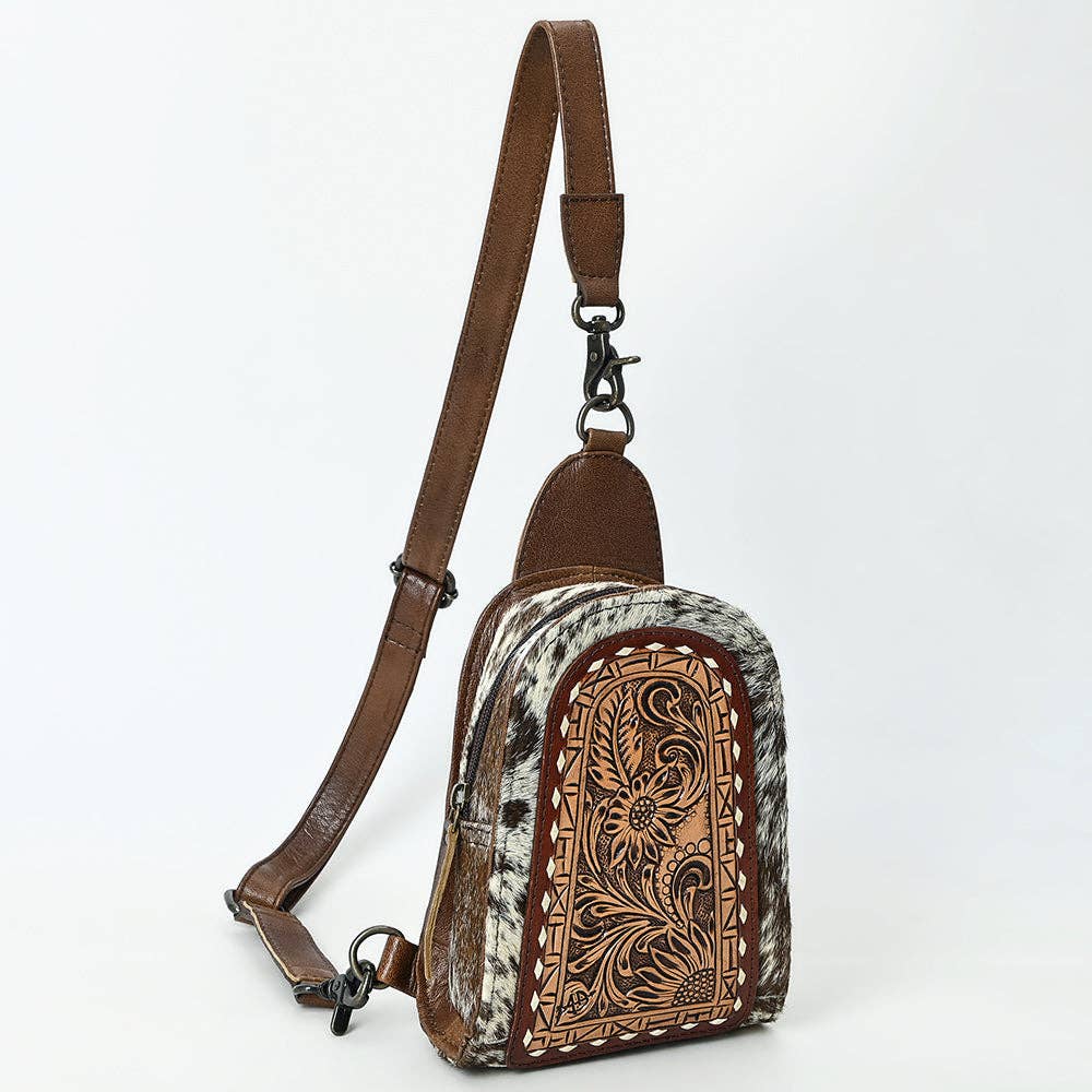 ADBG1543 American Darling Handcrafted Western Leather Sling Bag with Hair-On Cowhide & Hand-Tooled Details: ADBG1543C