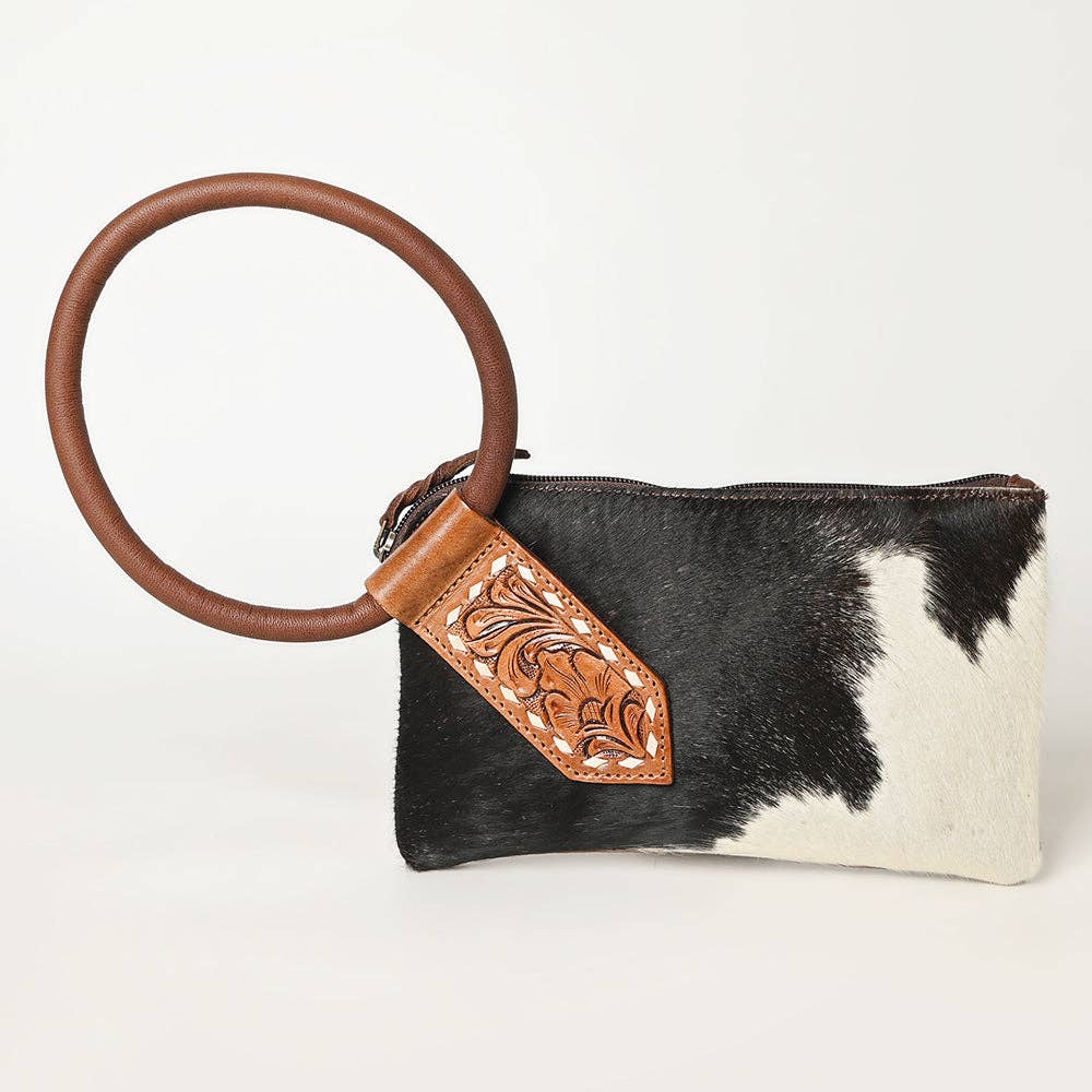 ADBGZ335 Black & White Cowhide Wristlet - Hair-On Hide Clutch with Tooled Leather Detail: ADBGZ335A