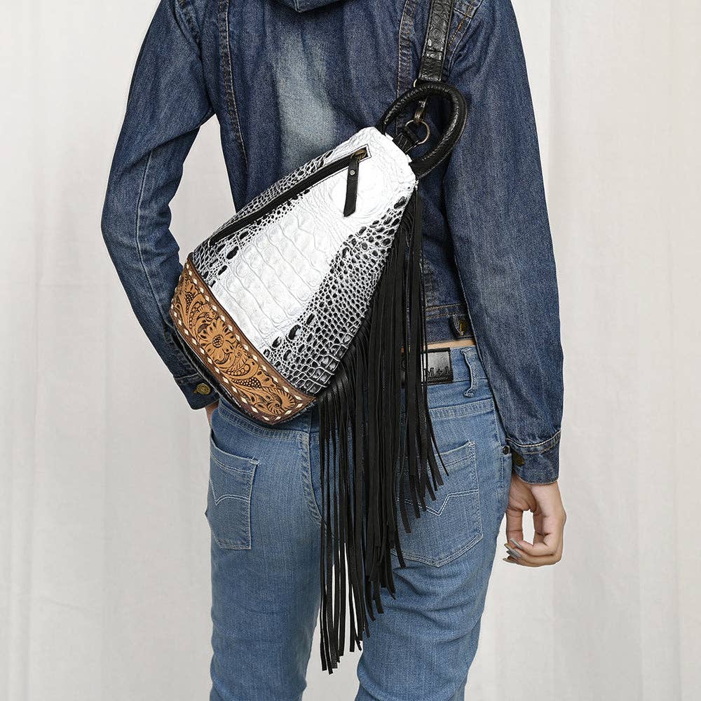 ADBG1482 American Darling Crocodile Embossed Sling Bag | Hand-Tooled Leather Fringe Bag: ADBG1482A