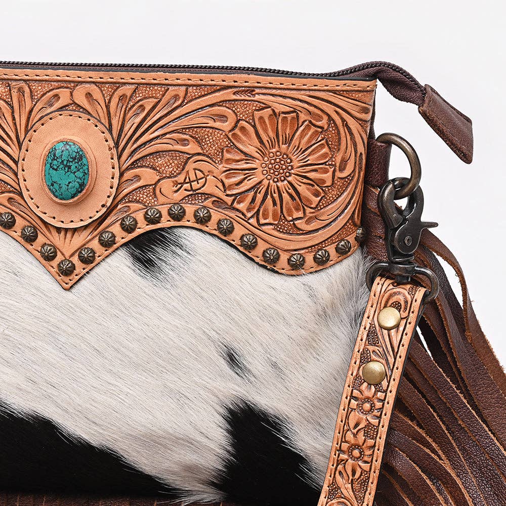 ADBG1829 American Darling Hand Tooled Floral & Cowhide Cross body Bag with Western Fringes: ADBG1829