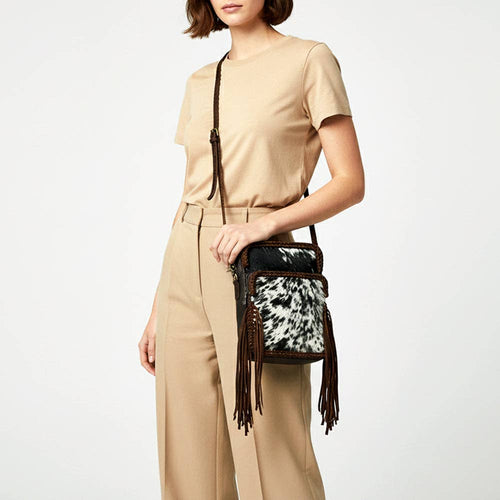 ADBGM354B Hair-On Cowhide Fringe Crossbody Bag - Dual Pocket Mini Western Leather Purse: ADBGM354B