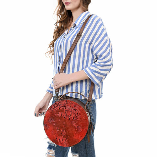 ADBG1563 American Darling Western Genuine Leather Canteen Bag | Crocodile Embossed Round Crossbody: ADBG1563C