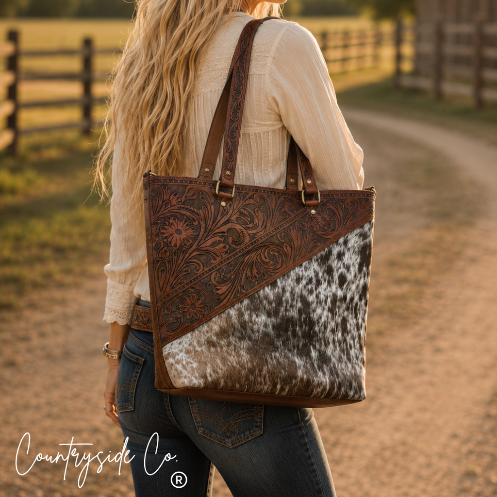 Ranch House Tooled Leather and Cowhide Purse