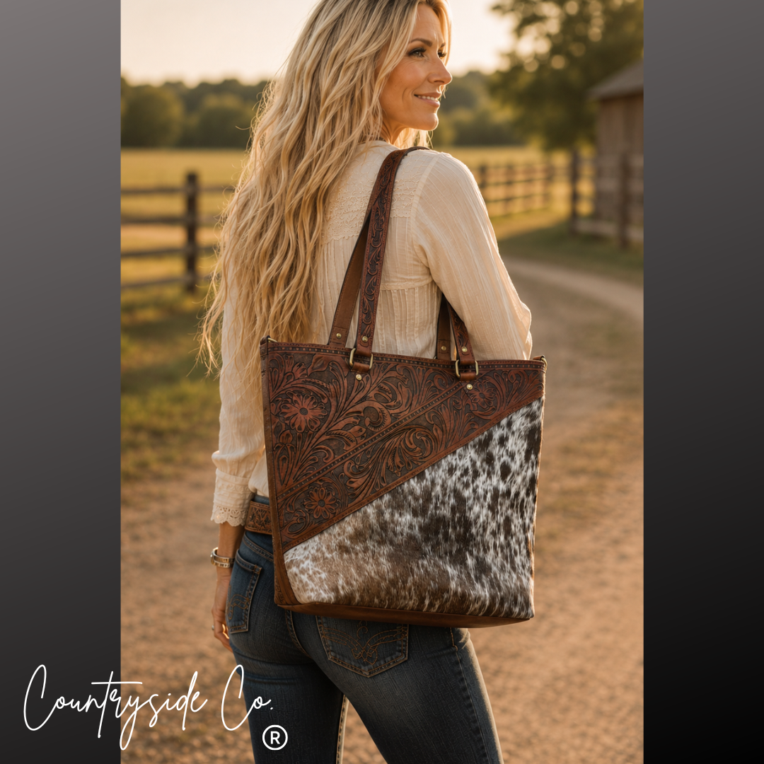 Ranch House Tooled Leather and Cowhide Purse