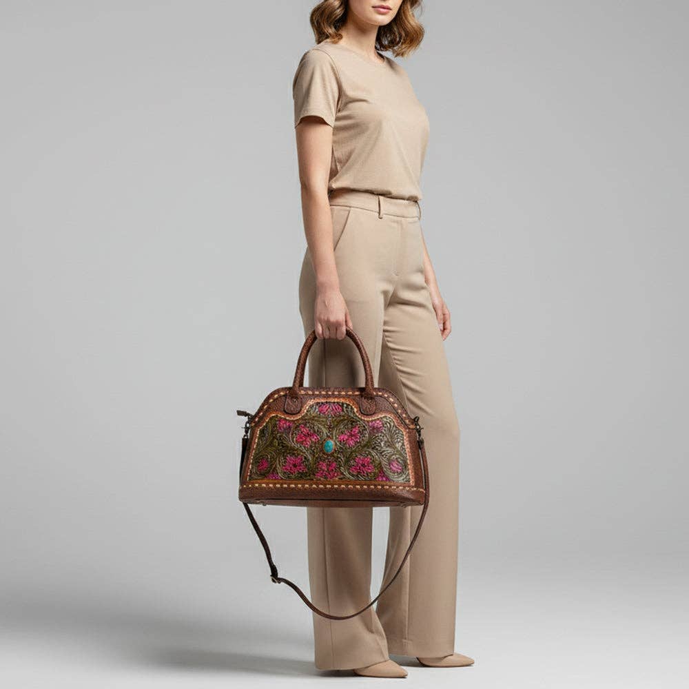 LC-ADBGZ478 Tooled Leather Western Tote Bag - Floral Carving with Turquoise Accent & Dual Handles: ADBGZ478