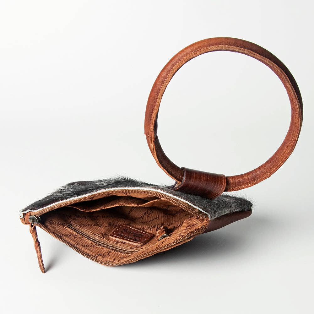 ADBGZ335 Black & White Cowhide Wristlet - Hair-On Hide Clutch with Tooled Leather Detail: ADBGZ335A
