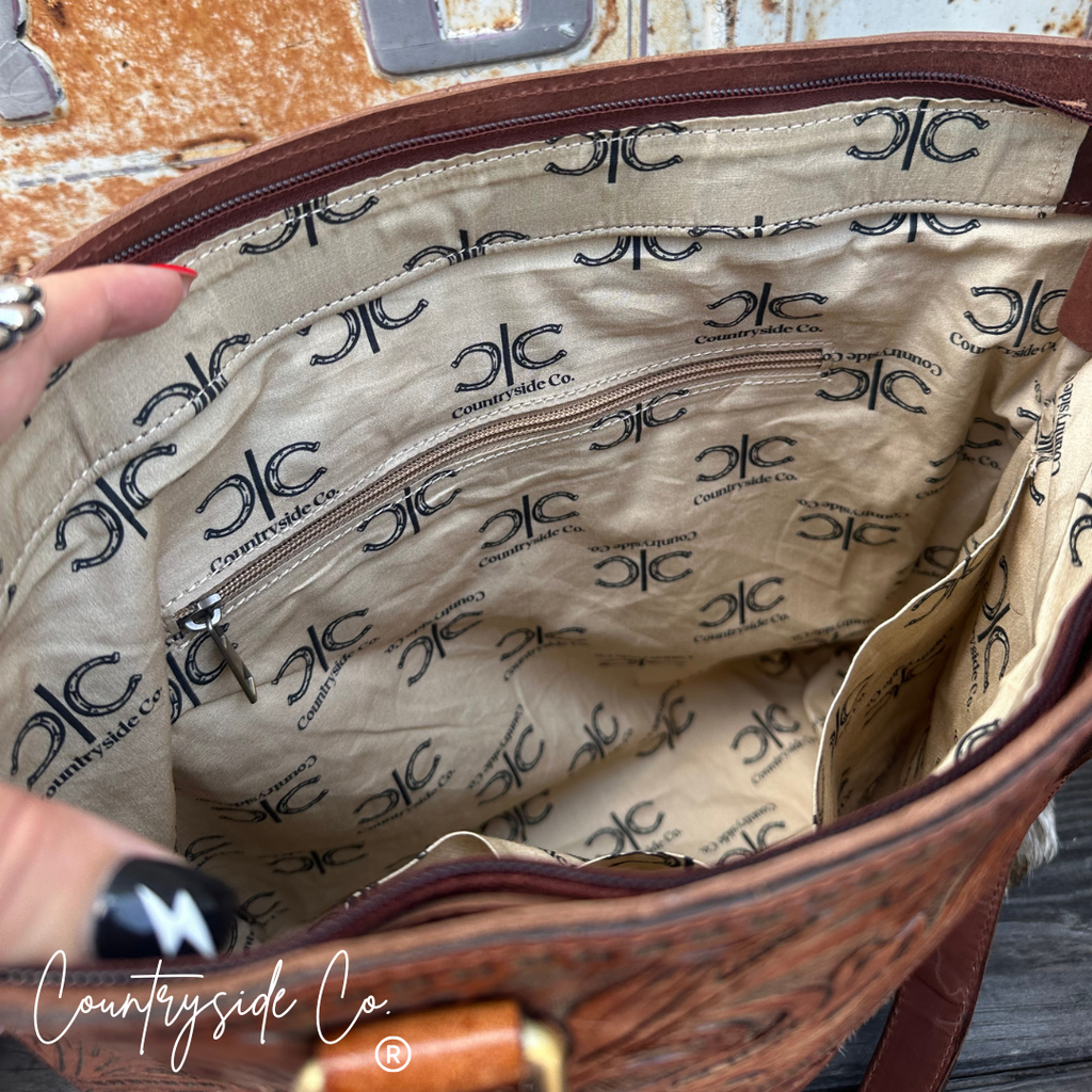 Ranch House Tooled Leather and Cowhide Purse