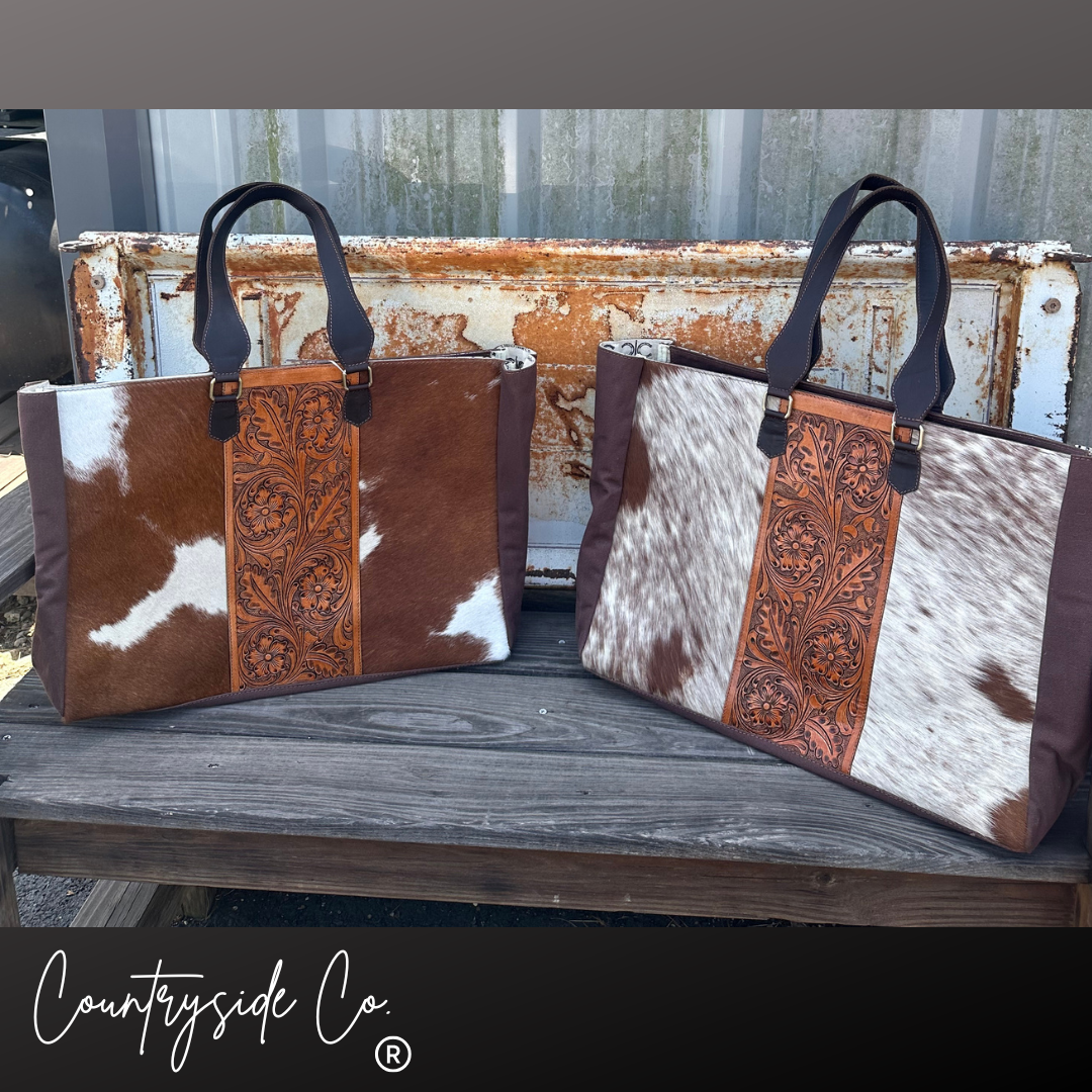 Open Range Tooled Leather and Cowhide Weekender